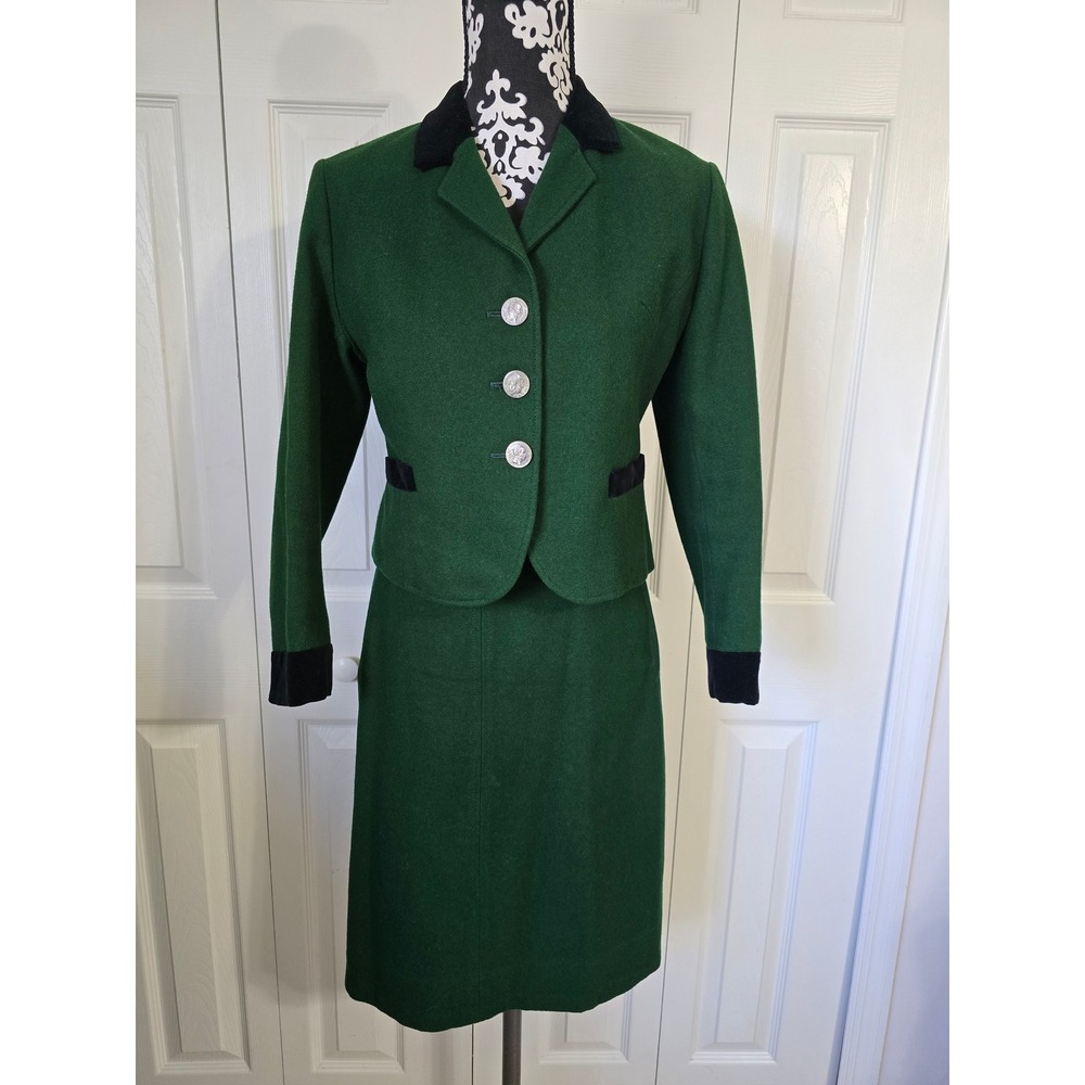 Kibek Kitzbuhel Tirol Vintage Green Wool Skirt Suit Velvet Trim Made In Austria